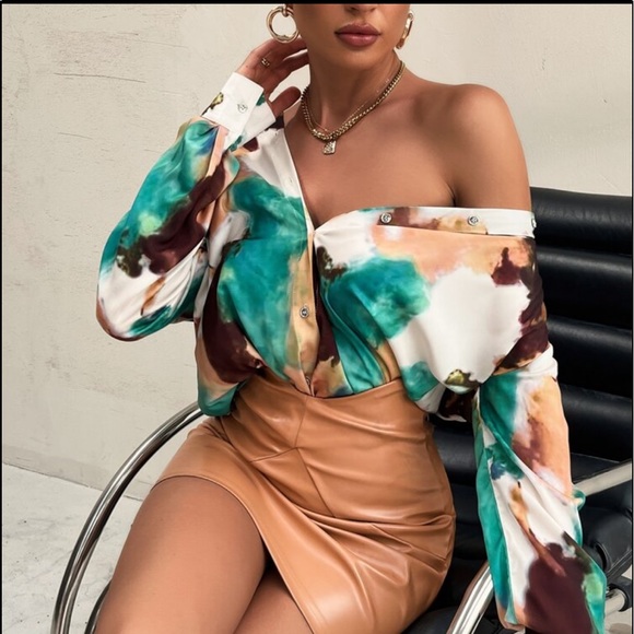 Luxe Satin Tie Dye Water Color Work Office Button Up Shirt Blouse Top - Picture 2 of 6